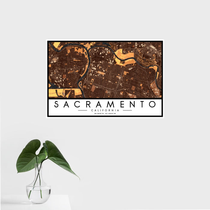 16x24 Sacramento California Map Print Landscape Orientation in Ember Style With Tropical Plant Leaves in Water
