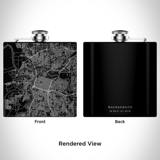 Rendered View of Sacramento California Map Engraving on 6oz Stainless Steel Flask in Black