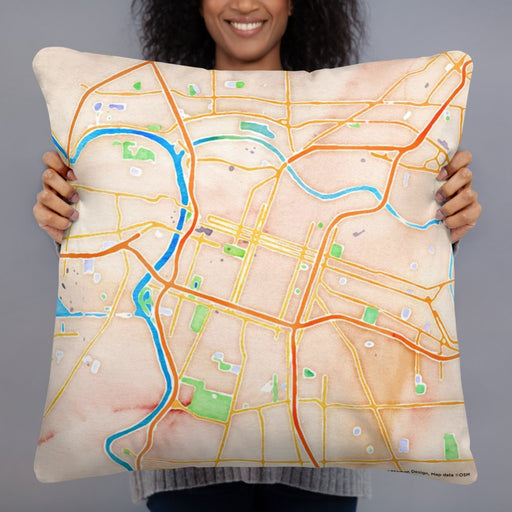 Person holding 22x22 Custom Sacramento California Map Throw Pillow in Watercolor