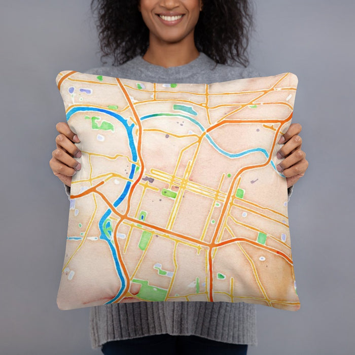 Person holding 18x18 Custom Sacramento California Map Throw Pillow in Watercolor