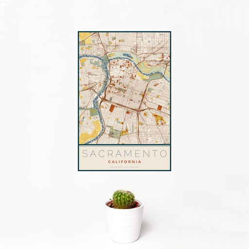 12x18 Sacramento California Map Print Portrait Orientation in Woodblock Style With Small Cactus Plant in White Planter
