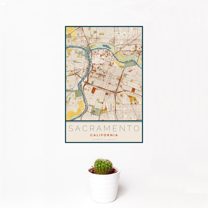 12x18 Sacramento California Map Print Portrait Orientation in Woodblock Style With Small Cactus Plant in White Planter