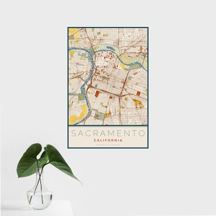 16x24 Sacramento California Map Print Portrait Orientation in Woodblock Style With Tropical Plant Leaves in Water