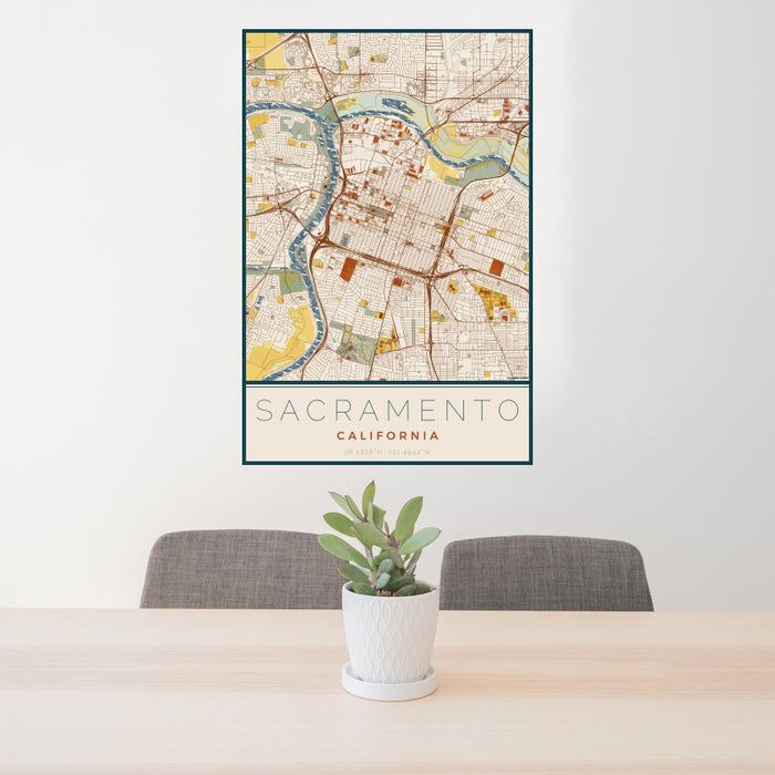 24x36 Sacramento California Map Print Portrait Orientation in Woodblock Style Behind 2 Chairs Table and Potted Plant