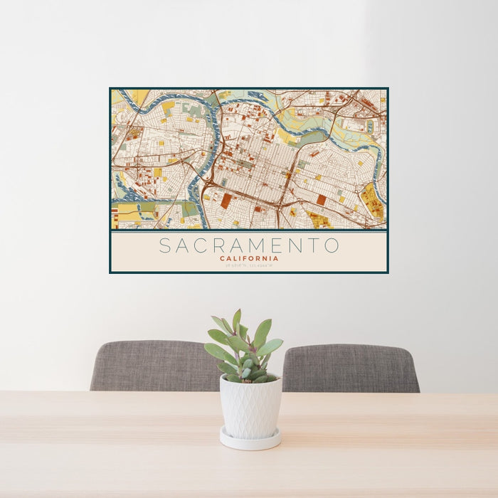 24x36 Sacramento California Map Print Landscape Orientation in Woodblock Style Behind 2 Chairs Table and Potted Plant