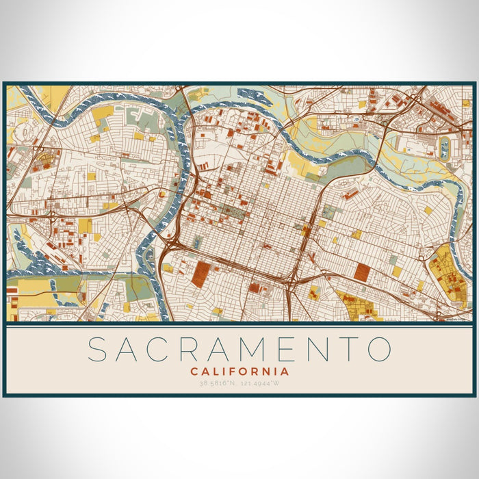 Sacramento California Map Print Landscape Orientation in Woodblock Style With Shaded Background