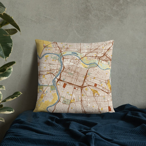 Custom Sacramento California Map Throw Pillow in Woodblock on Bedding Against Wall