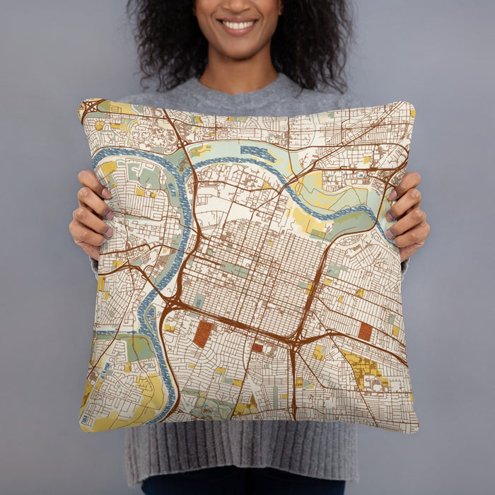 Person holding 18x18 Custom Sacramento California Map Throw Pillow in Woodblock