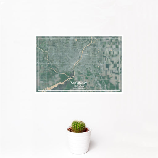 12x18 Saginaw Michigan Map Print Landscape Orientation in Afternoon Style With Small Cactus Plant in White Planter
