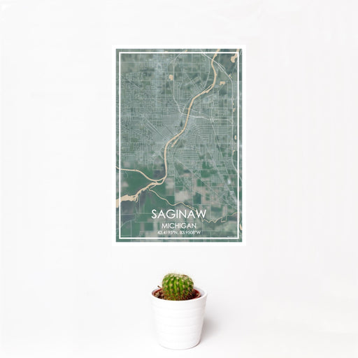 12x18 Saginaw Michigan Map Print Portrait Orientation in Afternoon Style With Small Cactus Plant in White Planter