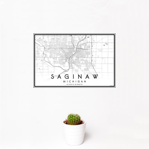 12x18 Saginaw Michigan Map Print Landscape Orientation in Classic Style With Small Cactus Plant in White Planter