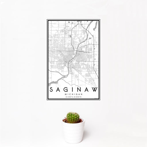 12x18 Saginaw Michigan Map Print Portrait Orientation in Classic Style With Small Cactus Plant in White Planter