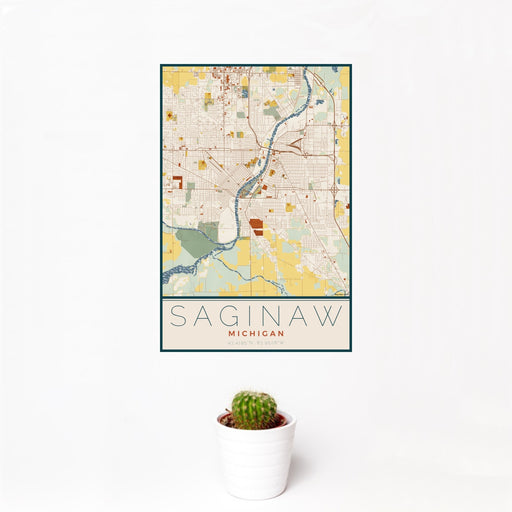 12x18 Saginaw Michigan Map Print Portrait Orientation in Woodblock Style With Small Cactus Plant in White Planter