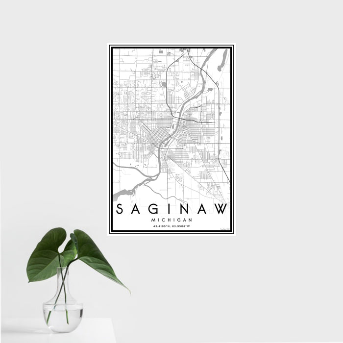 16x24 Saginaw Michigan Map Print Portrait Orientation in Classic Style With Tropical Plant Leaves in Water