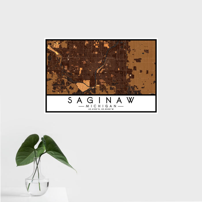 16x24 Saginaw Michigan Map Print Landscape Orientation in Ember Style With Tropical Plant Leaves in Water