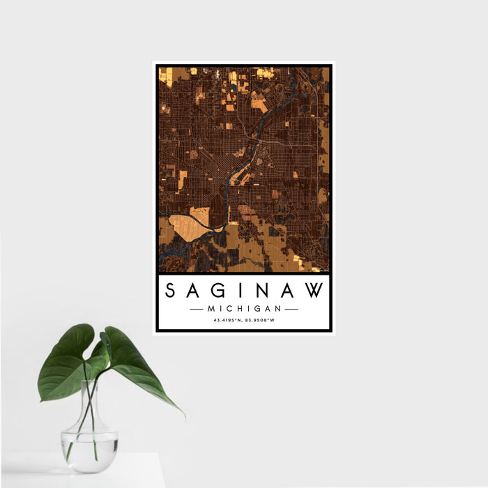 16x24 Saginaw Michigan Map Print Portrait Orientation in Ember Style With Tropical Plant Leaves in Water