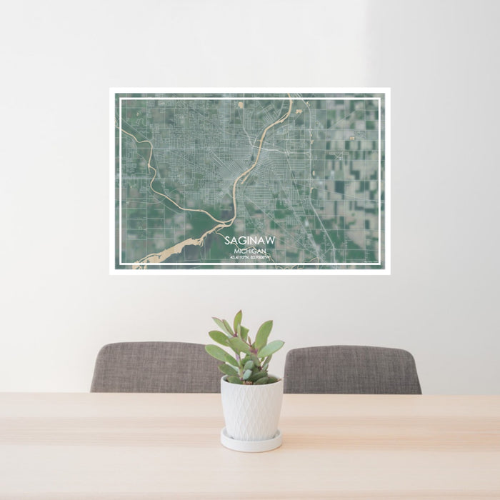 24x36 Saginaw Michigan Map Print Lanscape Orientation in Afternoon Style Behind 2 Chairs Table and Potted Plant