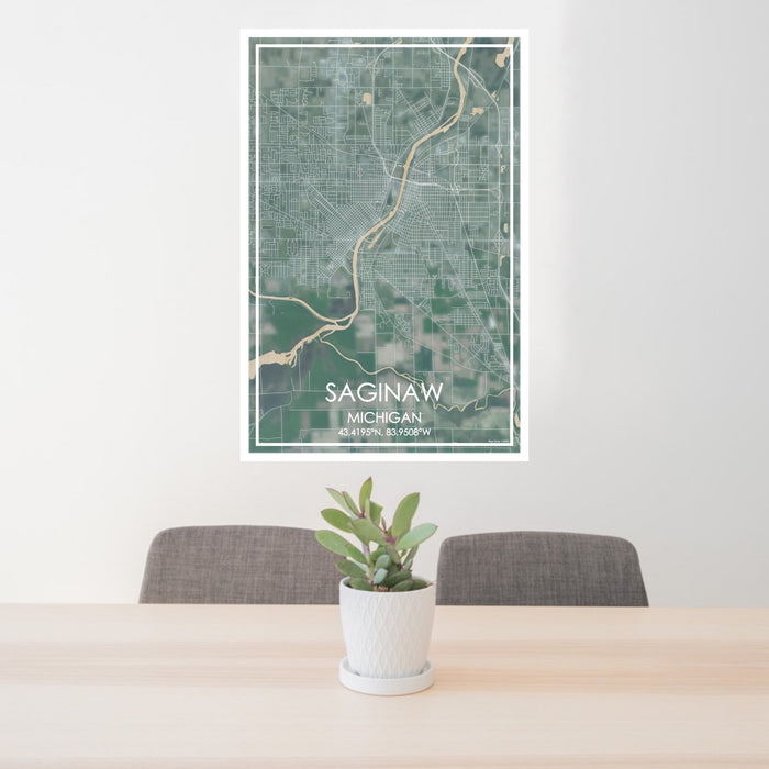24x36 Saginaw Michigan Map Print Portrait Orientation in Afternoon Style Behind 2 Chairs Table and Potted Plant
