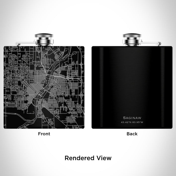 Rendered View of Saginaw Michigan Map Engraving on 6oz Stainless Steel Flask in Black