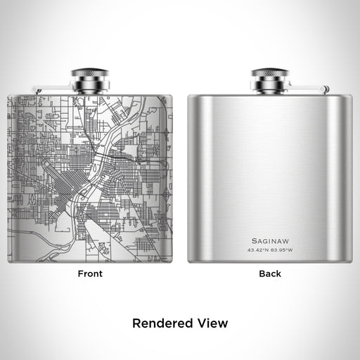 Rendered View of Saginaw Michigan Map Engraving on 6oz Stainless Steel Flask