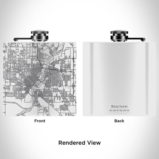Rendered View of Saginaw Michigan Map Engraving on 6oz Stainless Steel Flask in White