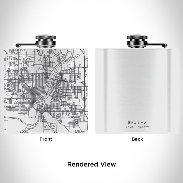 Rendered View of Saginaw Michigan Map Engraving on 6oz Stainless Steel Flask in White