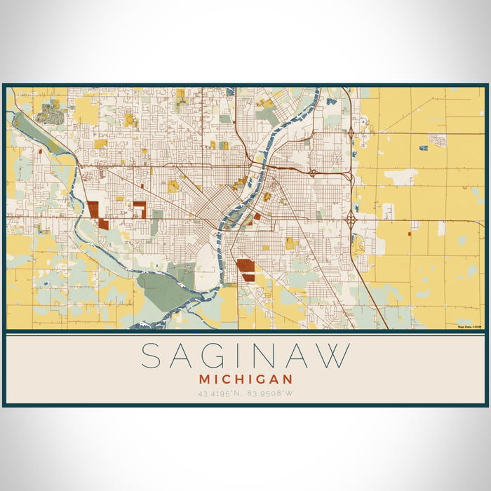 Saginaw Michigan Map Print Landscape Orientation in Woodblock Style With Shaded Background