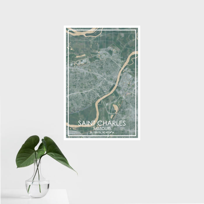 16x24 Saint Charles Missouri Map Print Portrait Orientation in Afternoon Style With Tropical Plant Leaves in Water