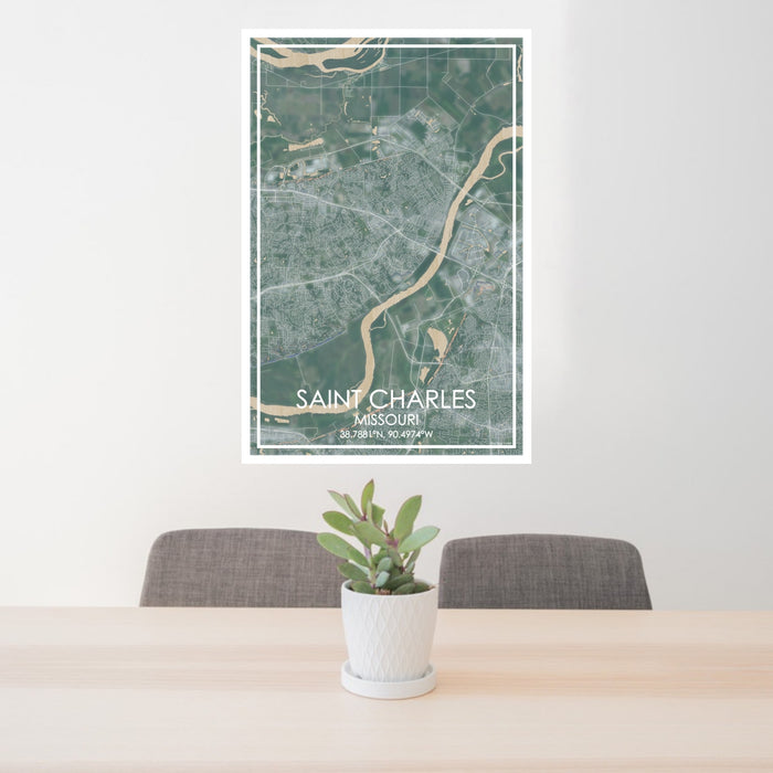 24x36 Saint Charles Missouri Map Print Portrait Orientation in Afternoon Style Behind 2 Chairs Table and Potted Plant