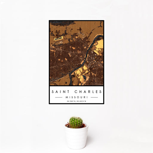 12x18 Saint Charles Missouri Map Print Portrait Orientation in Ember Style With Small Cactus Plant in White Planter