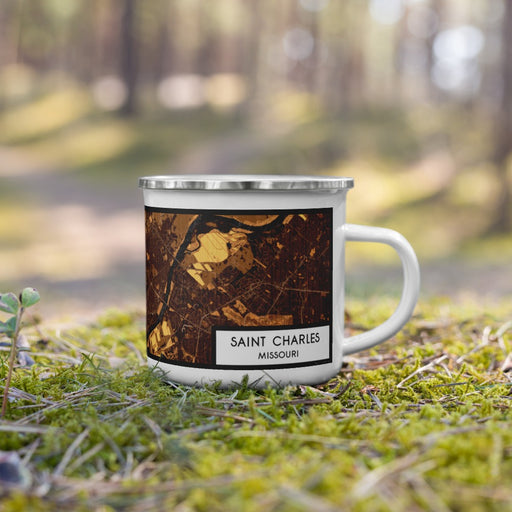 Right View Custom Saint Charles Missouri Map Enamel Mug in Ember on Grass With Trees in Background