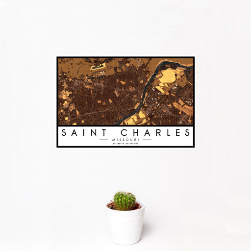 12x18 Saint Charles Missouri Map Print Landscape Orientation in Ember Style With Small Cactus Plant in White Planter