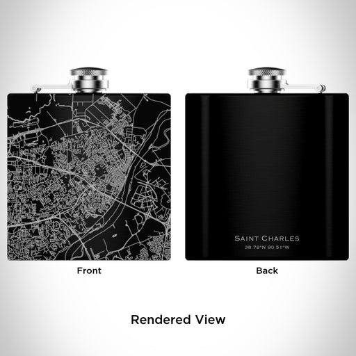Rendered View of Saint Charles Missouri Map Engraving on 6oz Stainless Steel Flask in Black