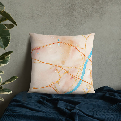 Custom Saint Charles Missouri Map Throw Pillow in Watercolor on Bedding Against Wall
