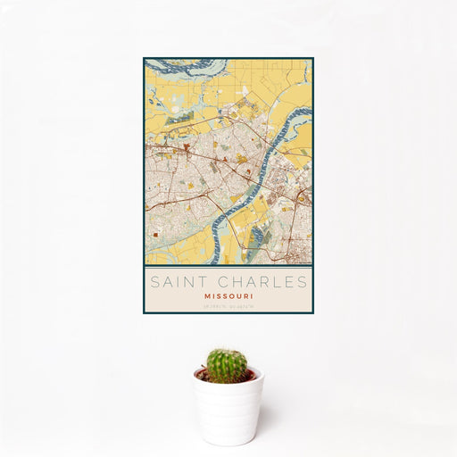 12x18 Saint Charles Missouri Map Print Portrait Orientation in Woodblock Style With Small Cactus Plant in White Planter