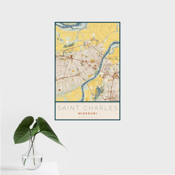 16x24 Saint Charles Missouri Map Print Portrait Orientation in Woodblock Style With Tropical Plant Leaves in Water
