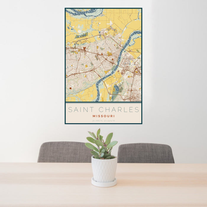 24x36 Saint Charles Missouri Map Print Portrait Orientation in Woodblock Style Behind 2 Chairs Table and Potted Plant