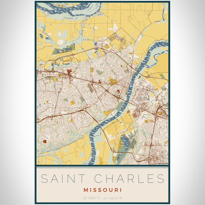 Saint Charles Missouri Map Print Portrait Orientation in Woodblock Style With Shaded Background