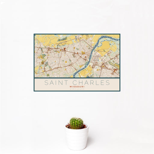 12x18 Saint Charles Missouri Map Print Landscape Orientation in Woodblock Style With Small Cactus Plant in White Planter