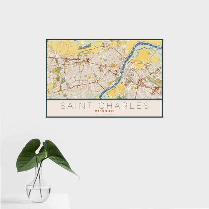 16x24 Saint Charles Missouri Map Print Landscape Orientation in Woodblock Style With Tropical Plant Leaves in Water