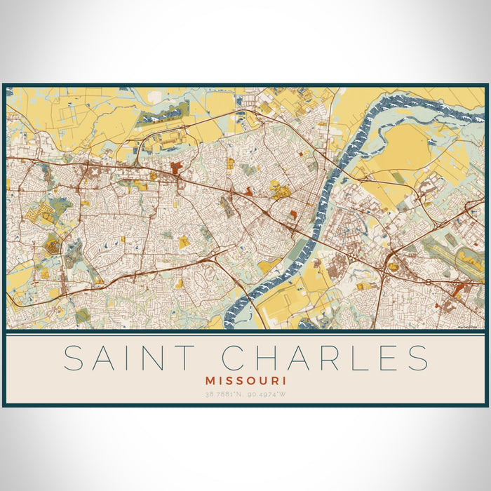 Saint Charles Missouri Map Print Landscape Orientation in Woodblock Style With Shaded Background