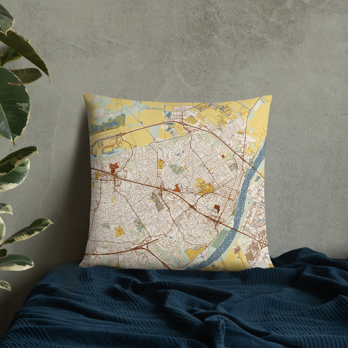 Custom Saint Charles Missouri Map Throw Pillow in Woodblock on Bedding Against Wall