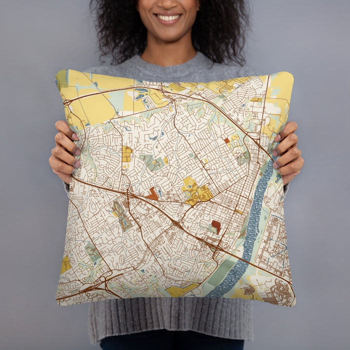Person holding 18x18 Custom Saint Charles Missouri Map Throw Pillow in Woodblock