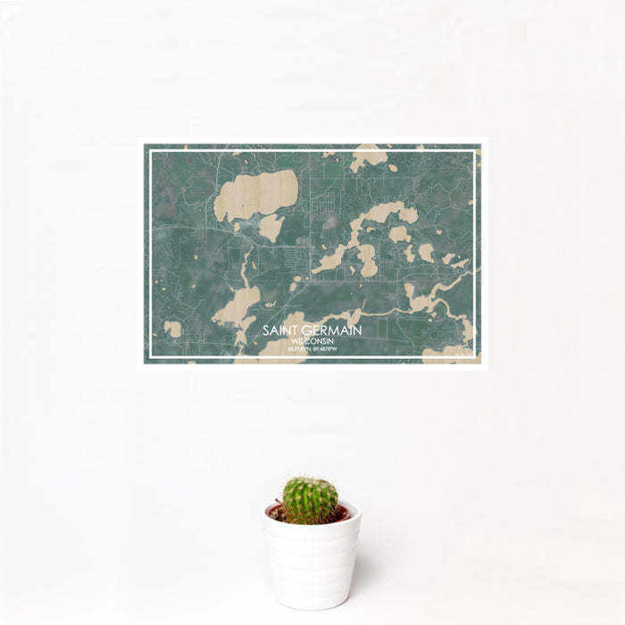 12x18 Saint Germain Wisconsin Map Print Landscape Orientation in Afternoon Style With Small Cactus Plant in White Planter