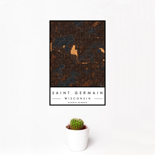 12x18 Saint Germain Wisconsin Map Print Portrait Orientation in Ember Style With Small Cactus Plant in White Planter