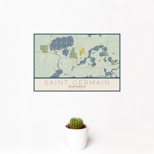 12x18 Saint Germain Wisconsin Map Print Landscape Orientation in Woodblock Style With Small Cactus Plant in White Planter
