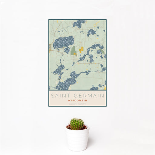 12x18 Saint Germain Wisconsin Map Print Portrait Orientation in Woodblock Style With Small Cactus Plant in White Planter