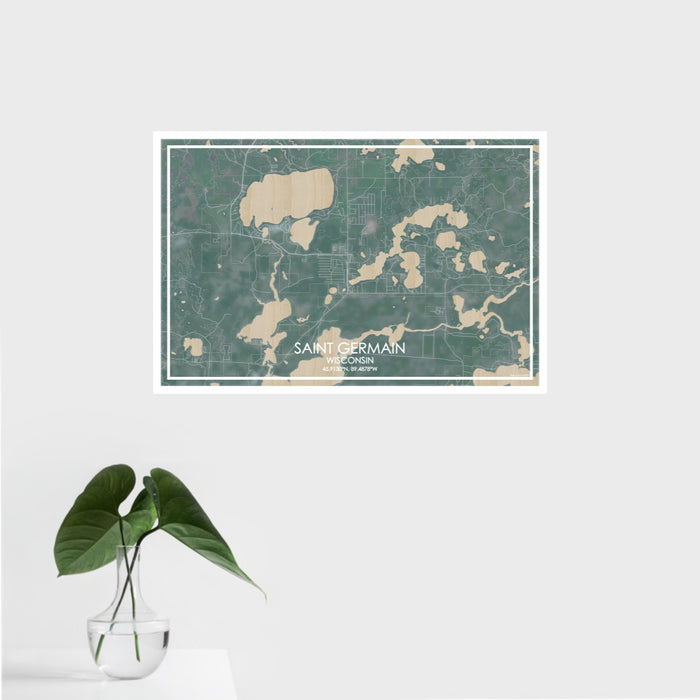 16x24 Saint Germain Wisconsin Map Print Landscape Orientation in Afternoon Style With Tropical Plant Leaves in Water