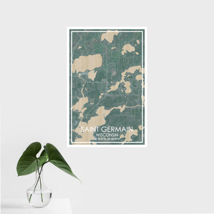 16x24 Saint Germain Wisconsin Map Print Portrait Orientation in Afternoon Style With Tropical Plant Leaves in Water