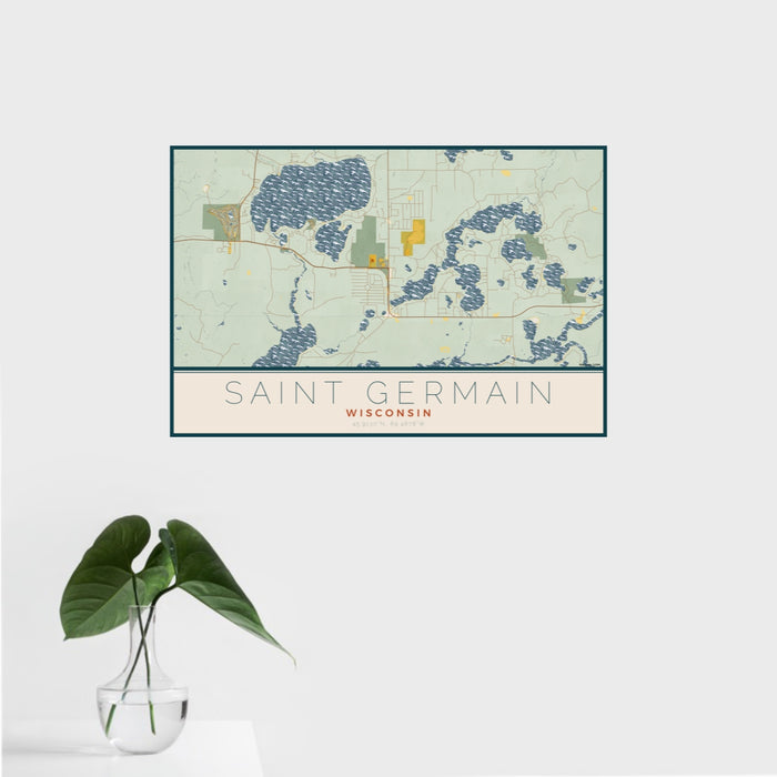16x24 Saint Germain Wisconsin Map Print Landscape Orientation in Woodblock Style With Tropical Plant Leaves in Water